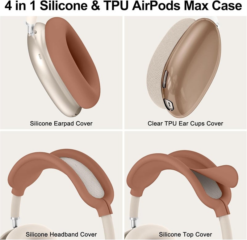 MINDRESY [4 in 1] Silicone Case Cover for AirPods Max, Clear Soft TPU Ear Cups Cover/Ear Pad Case Covers/Headband Covers Transparent Accessories for Apple AirPods Max (2024/2020)(USB-C/Lightning), Dune - Image 4